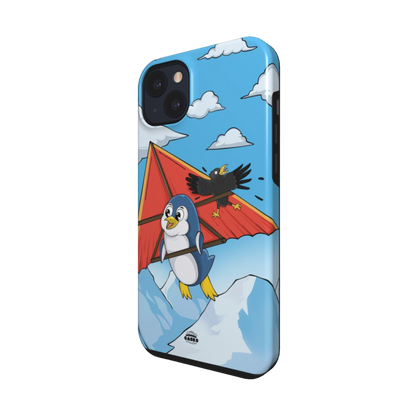 iphone tough case of animated  penguin trying to paraglide down the mountain, side view
