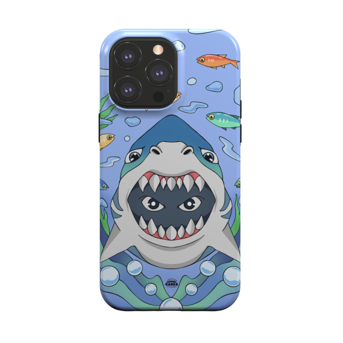 iphone magsafe case of animated shark with open jaws, back view
