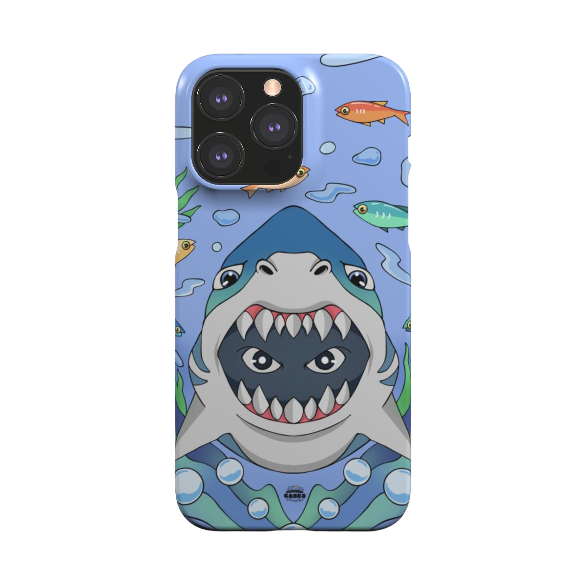 iphone snap case of animated shark with open jaws, back view
