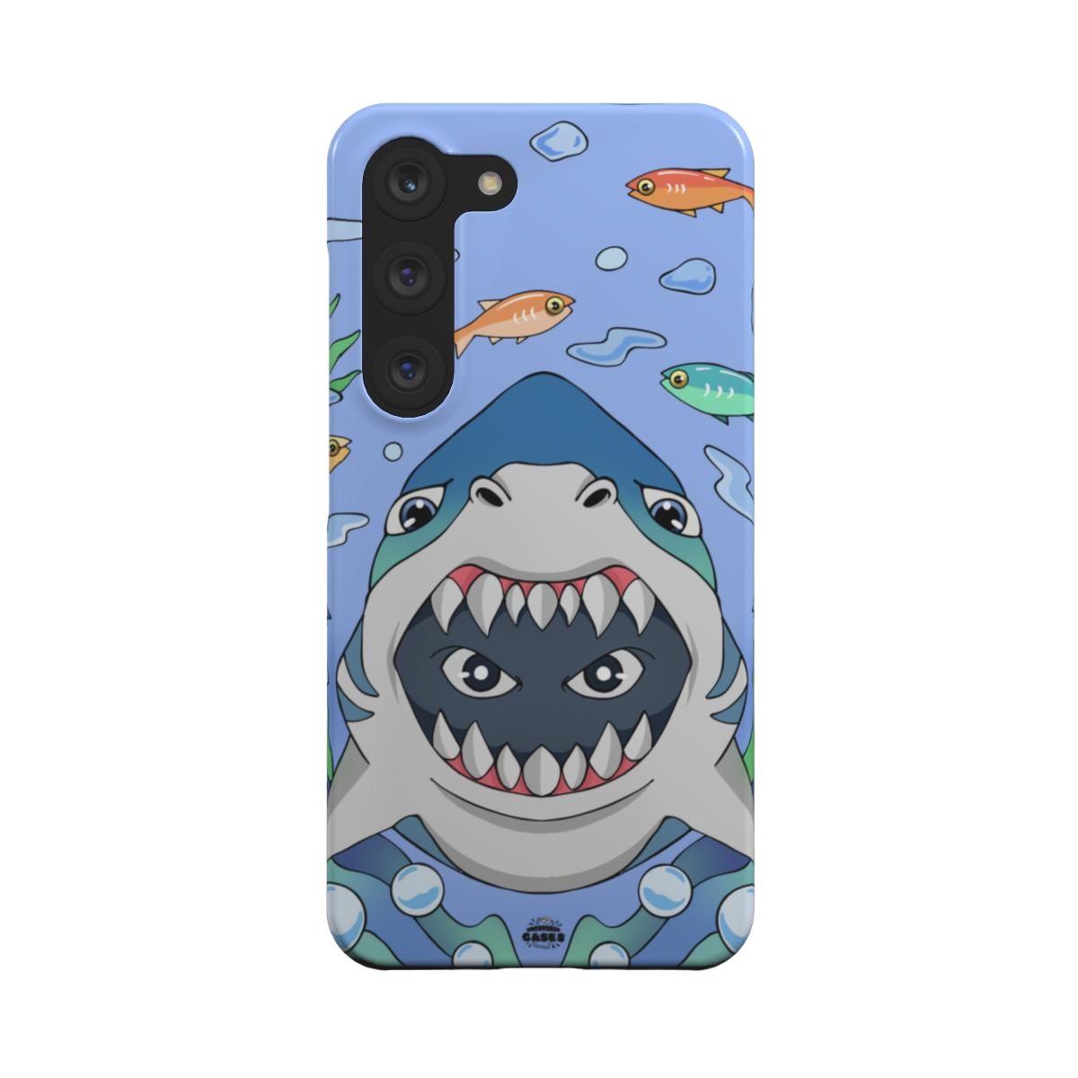 samsung snap case of animated shark with open jaws, back view
