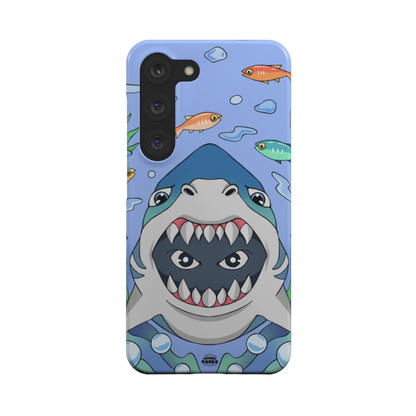 samsung snap case of animated shark with open jaws, back view

