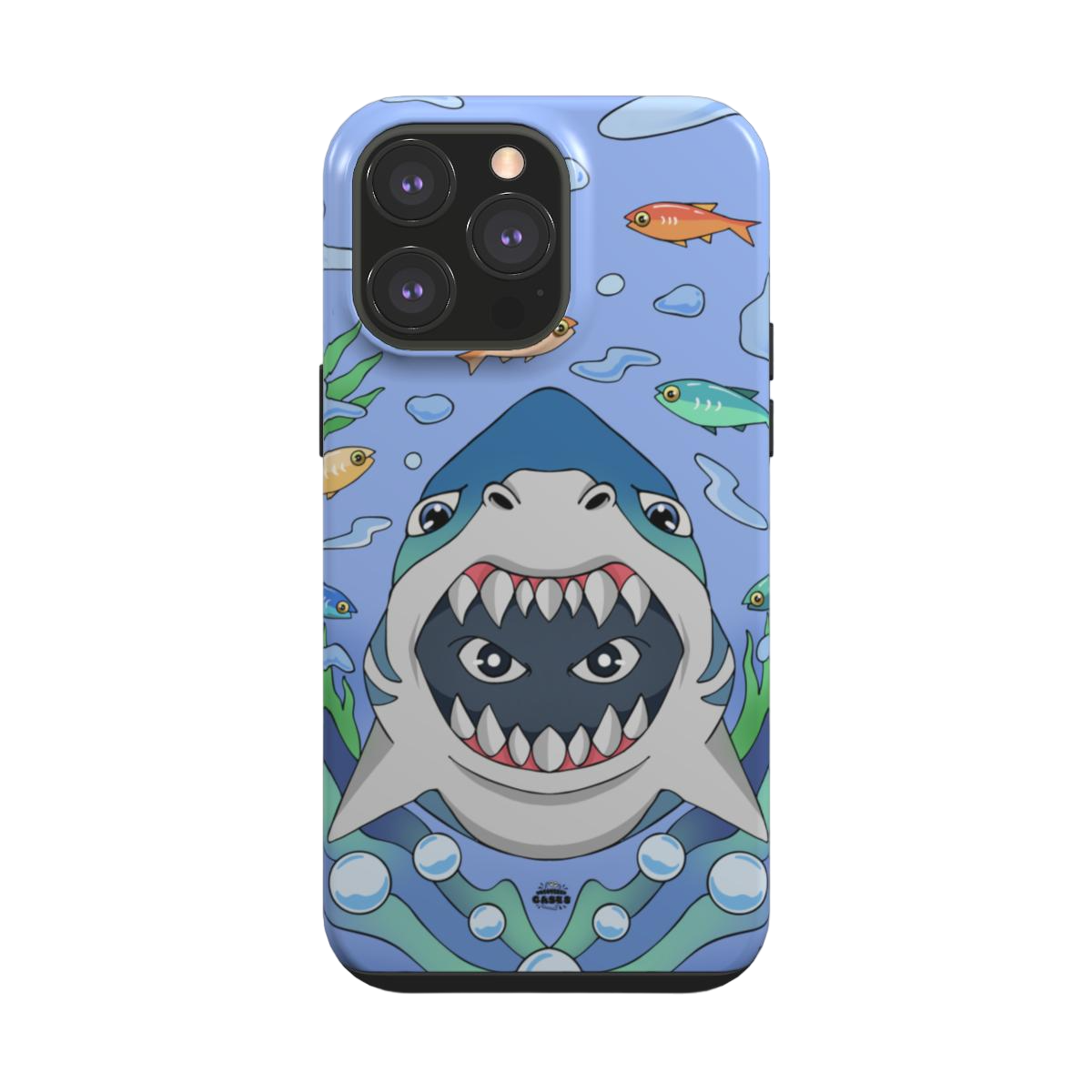 iphone tough case of animated shark with open jaws, back view
