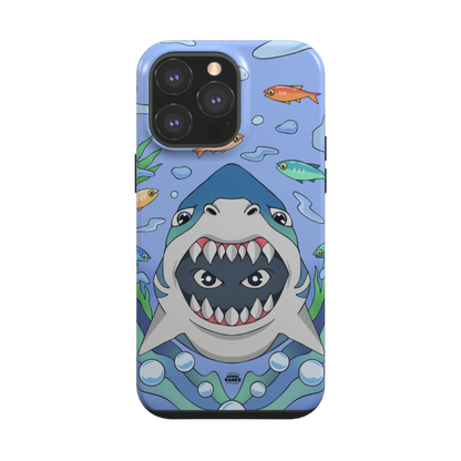 iphone tough case of animated shark with open jaws, back view
