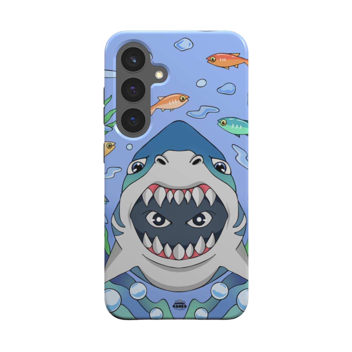 samsung tough case of animated shark with open jaws, back view
