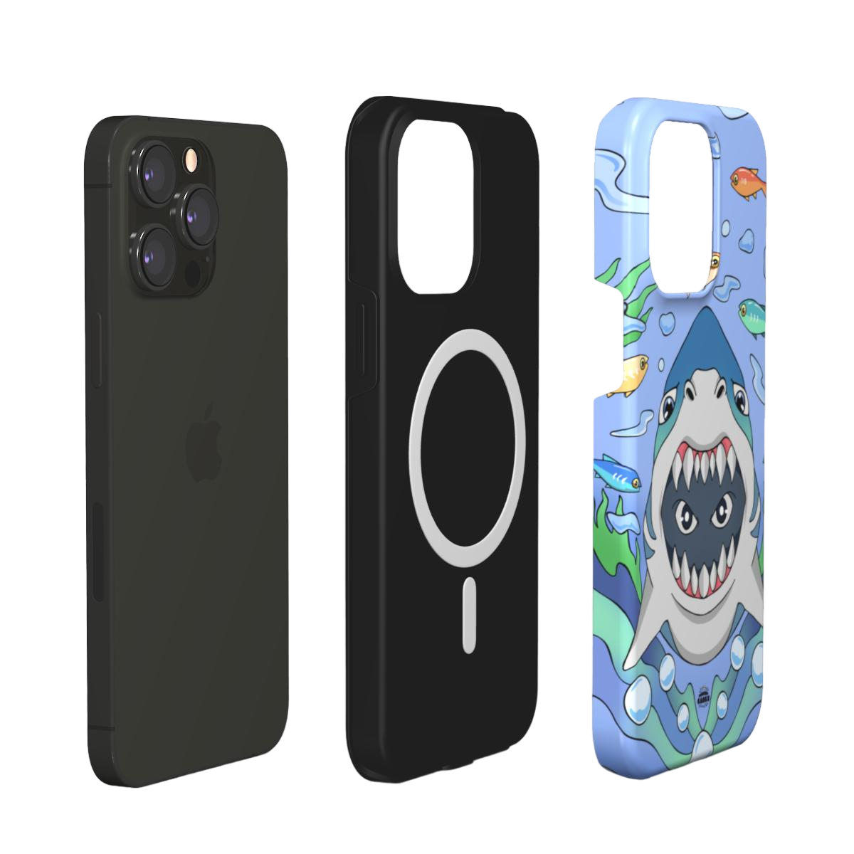 iphone magsafe case of  animated shark with open jaws, layered view
