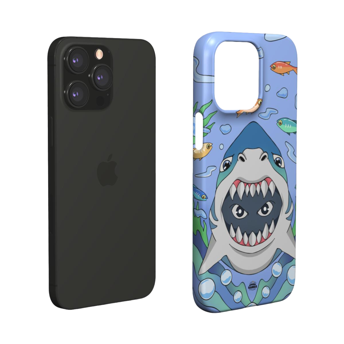iphone snap case of  animated shark with open jaws, layered view
