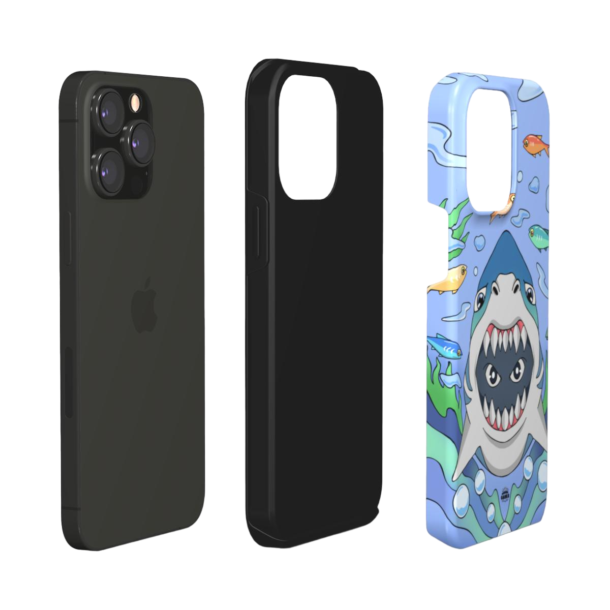 iphone tough case of  animated shark with open jaws, layered view
