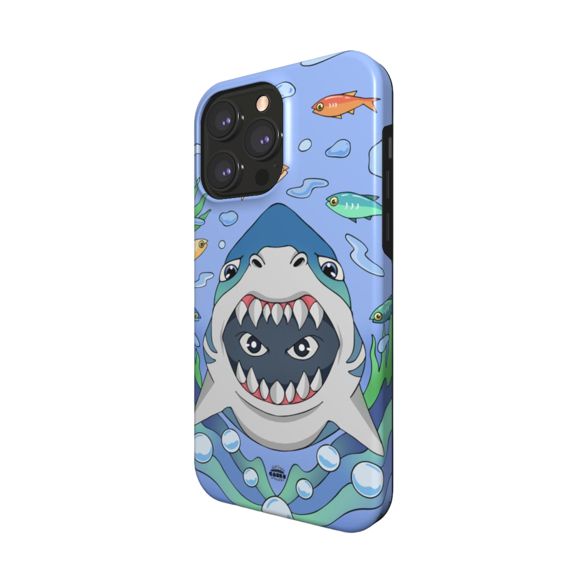 iphone magsafe case of animated shark with open jaws, side view

