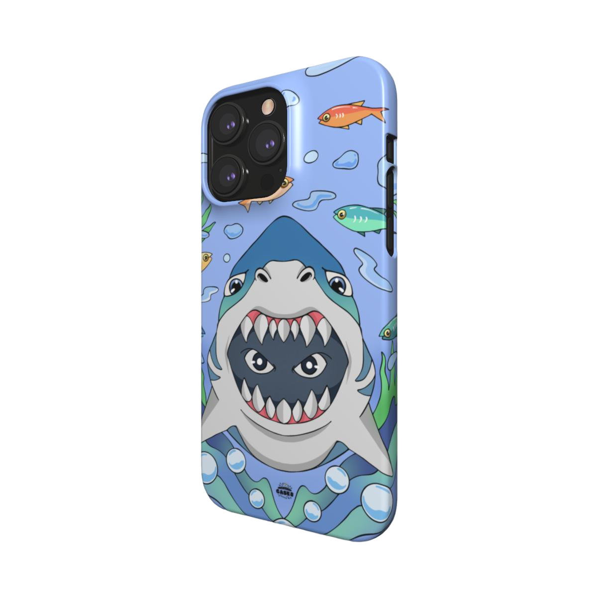 iphone snap case of animated shark with open jaws, side view
