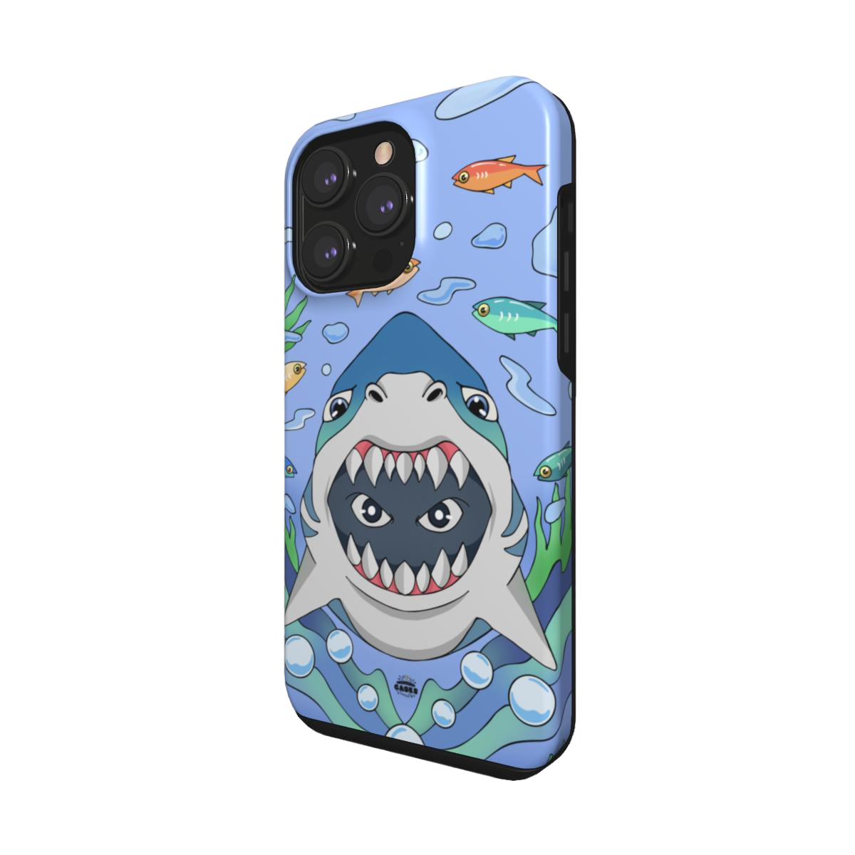 iphone tough case of animated shark with open jaws, side view

