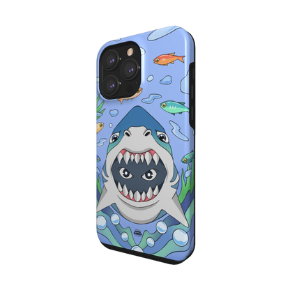 iphone tough case of animated shark with open jaws, side view
