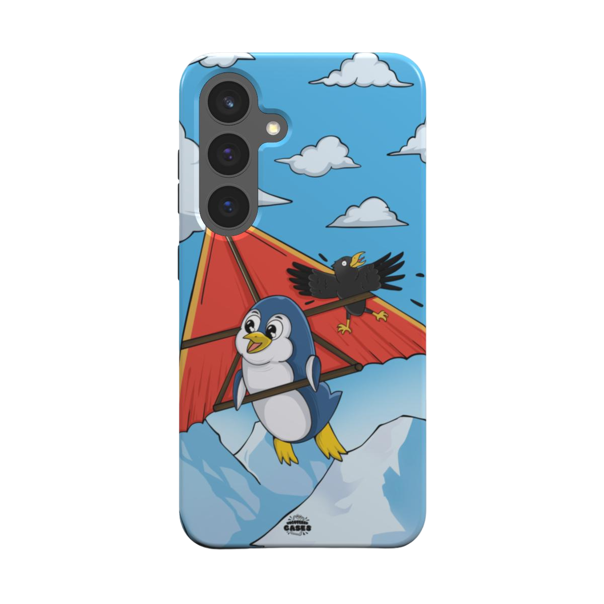 samsung tough case of animated  penguin trying to paraglide down the mountain, back view
