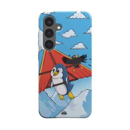 samsung tough case of animated  penguin trying to paraglide down the mountain, back view
