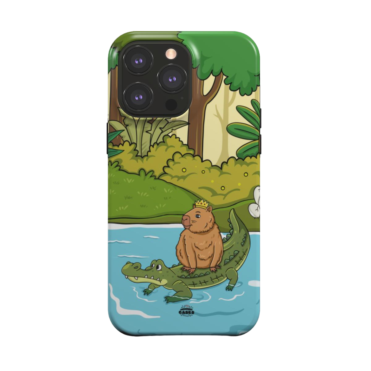 iphone magsafe case of animated capybara riding through river on a crocodiles back and wearing a crown, back view
