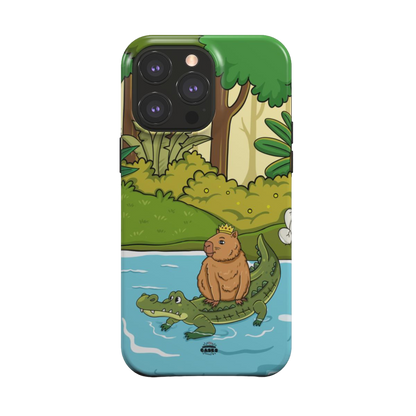 iphone magsafe case of animated capybara riding through river on a crocodiles back and wearing a crown, back view
