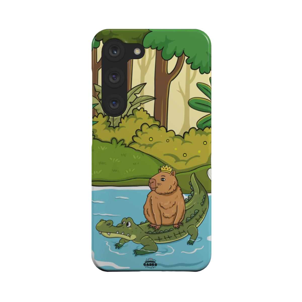 samsung snap case of animated capybara riding through river on a crocodiles back and wearing a crown, back view
