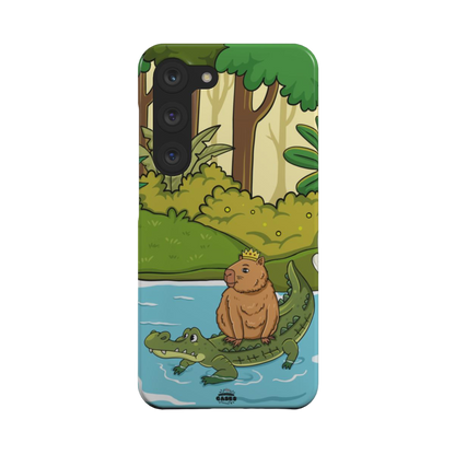 samsung snap case of animated capybara riding through river on a crocodiles back and wearing a crown, back view
