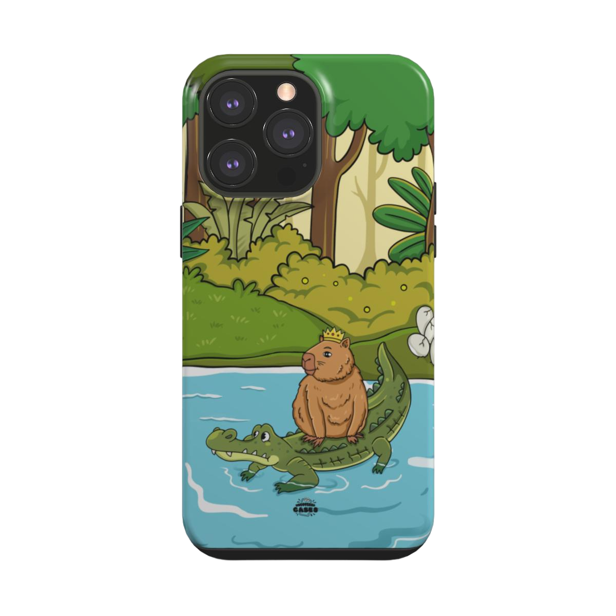 iphone tough case of animated capybara riding through river on a crocodiles back and wearing a crown, back view
