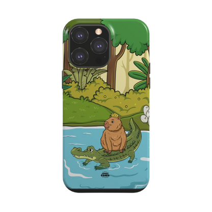 iphone tough case of animated capybara riding through river on a crocodiles back and wearing a crown, back view
