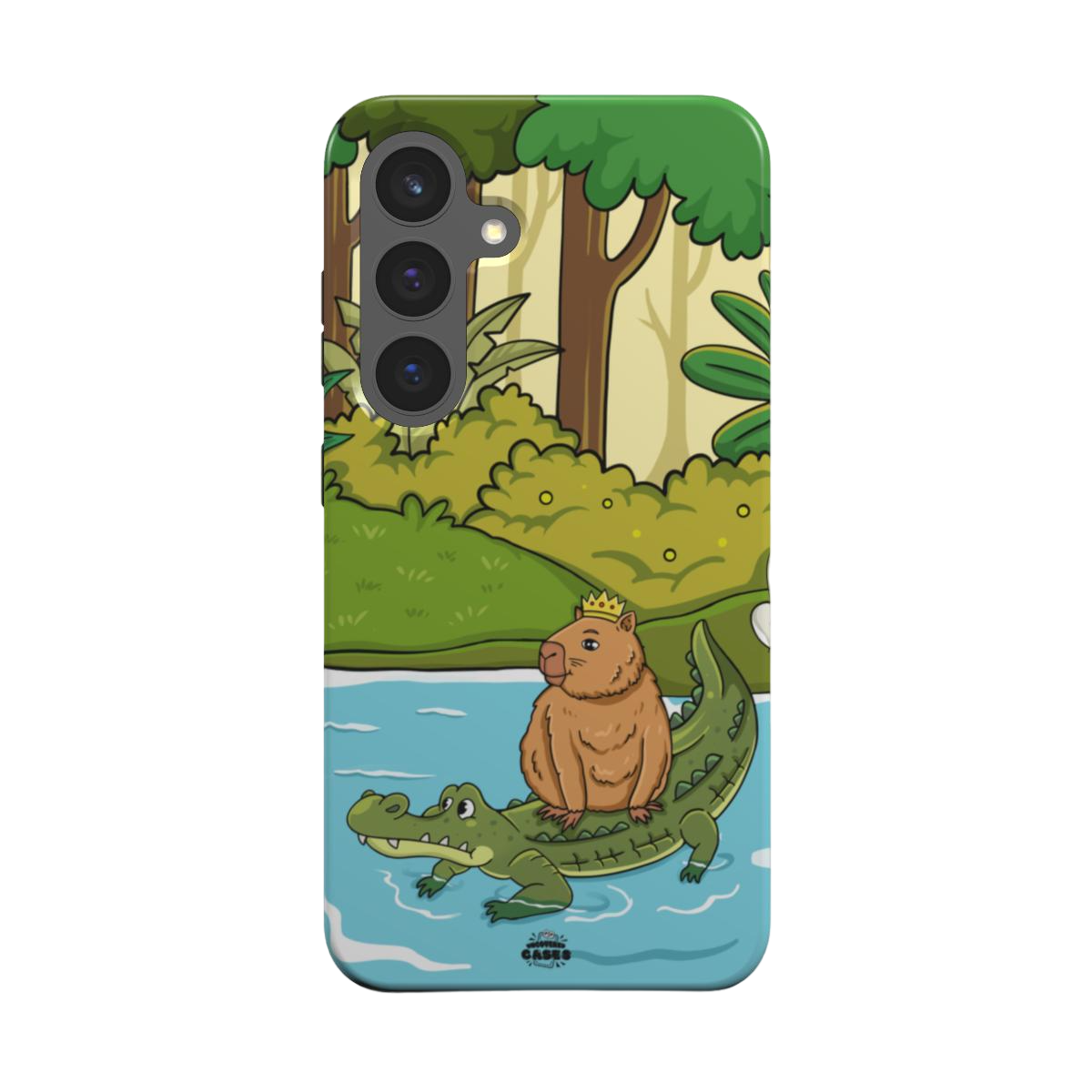 samsung tough case of animated capybara riding through river on a crocodiles back and wearing a crown, back view
