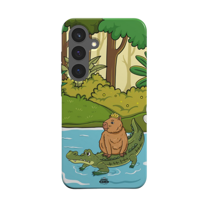 samsung tough case of animated capybara riding through river on a crocodiles back and wearing a crown, back view
