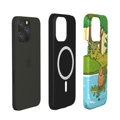 iphone magsafe case of  animated capybara riding through river on a crocodiles back and wearing a crown, layered view
