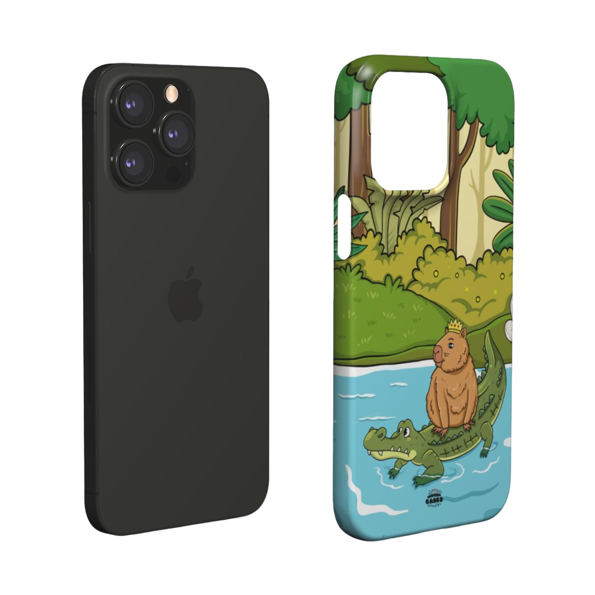 iphone snap case of  animated capybara riding through river on a crocodiles back and wearing a crown, layered view
