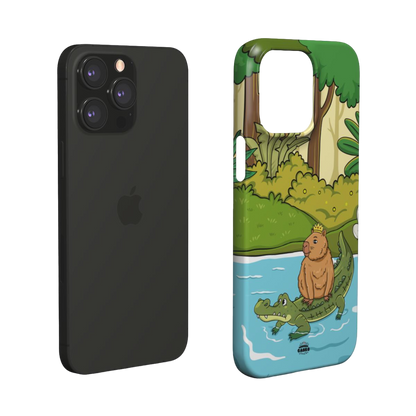 iphone snap case of  animated capybara riding through river on a crocodiles back and wearing a crown, layered view
