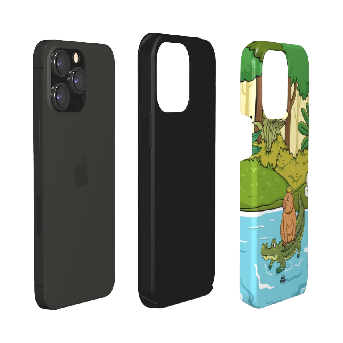 iphone tough case of  animated capybara riding through river on a crocodiles back and wearing a crown, layered view
