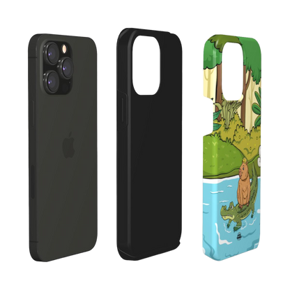 iphone tough case of  animated capybara riding through river on a crocodiles back and wearing a crown, layered view
