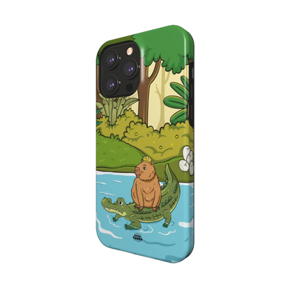 iphone magsafe case of animated capybara riding through river on a crocodiles back and wearing a crown, side view
