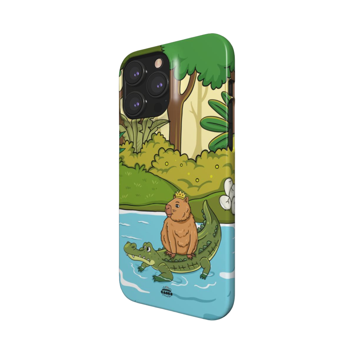 iphone snap case of animated capybara riding through river on a crocodiles back and wearing a crown, side view

