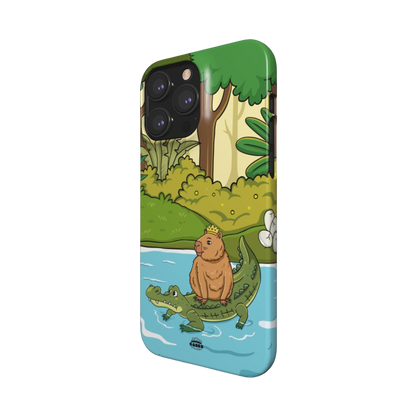 iphone snap case of animated capybara riding through river on a crocodiles back and wearing a crown, side view
