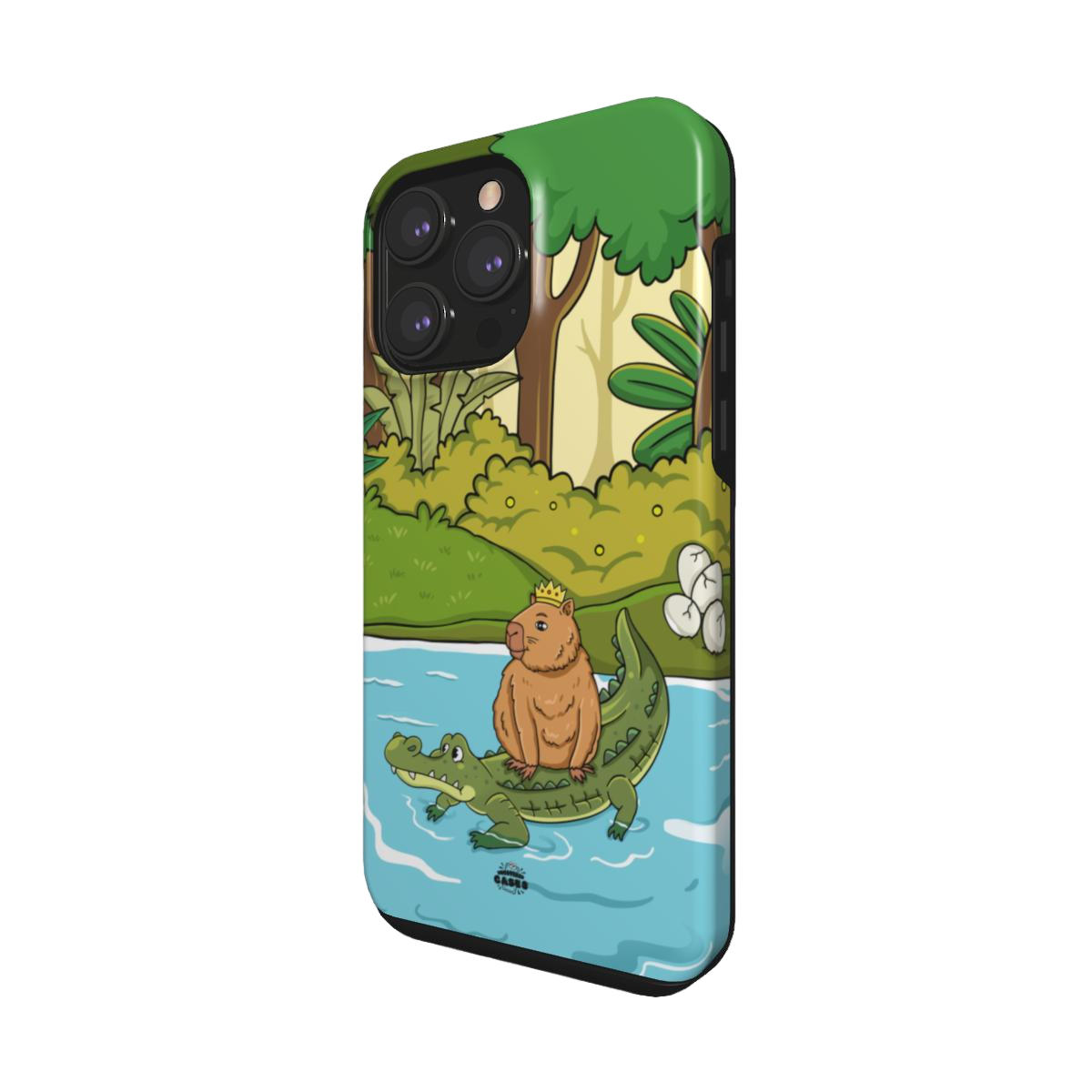 iphone tough case of animated capybara riding through river on a crocodiles back and wearing a crown, side view
