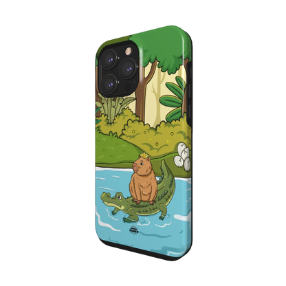 iphone tough case of animated capybara riding through river on a crocodiles back and wearing a crown, side view
